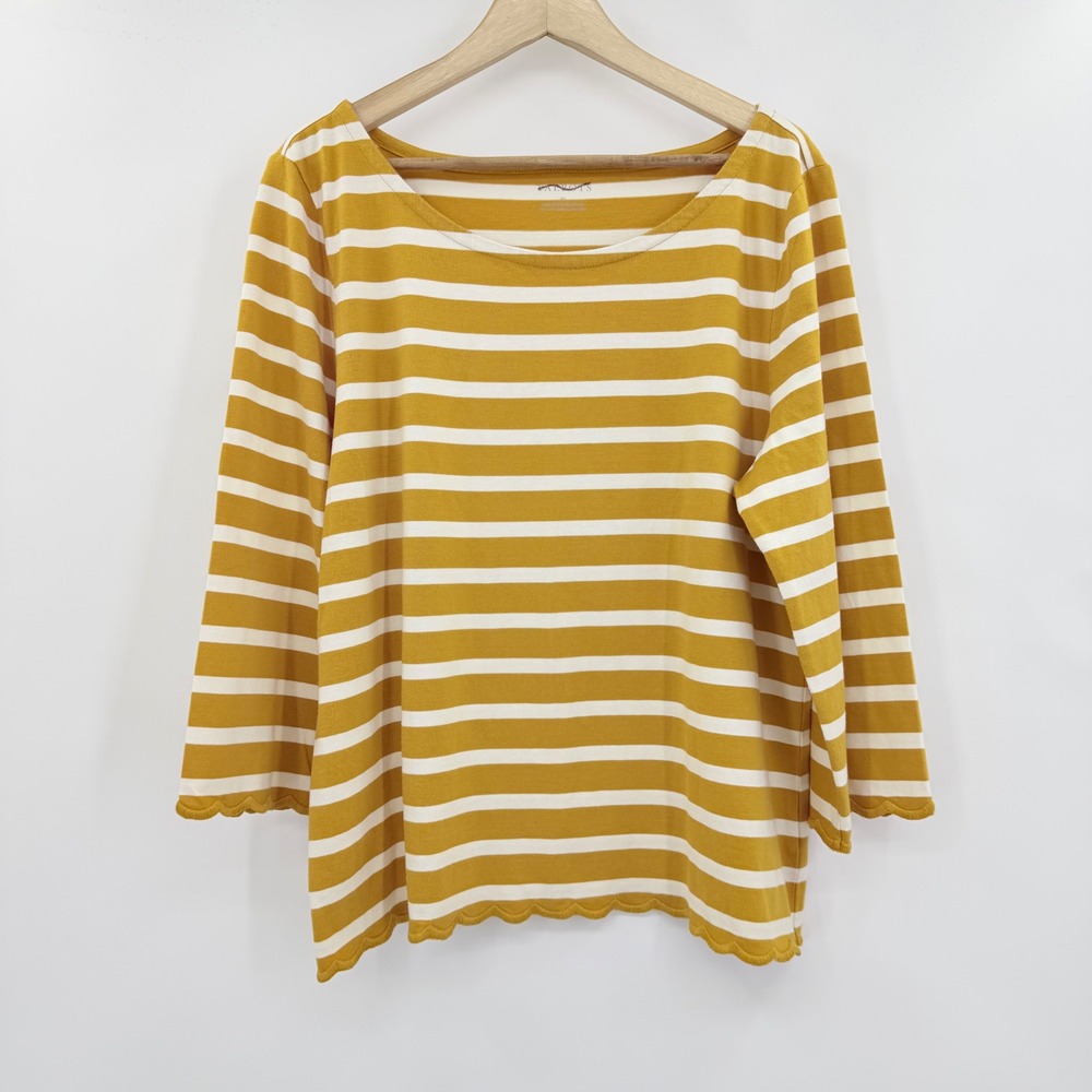 Talbots Striped Top Women XL Mustard Yellow Scalloped Trim 3/4 Sleeve Cotton